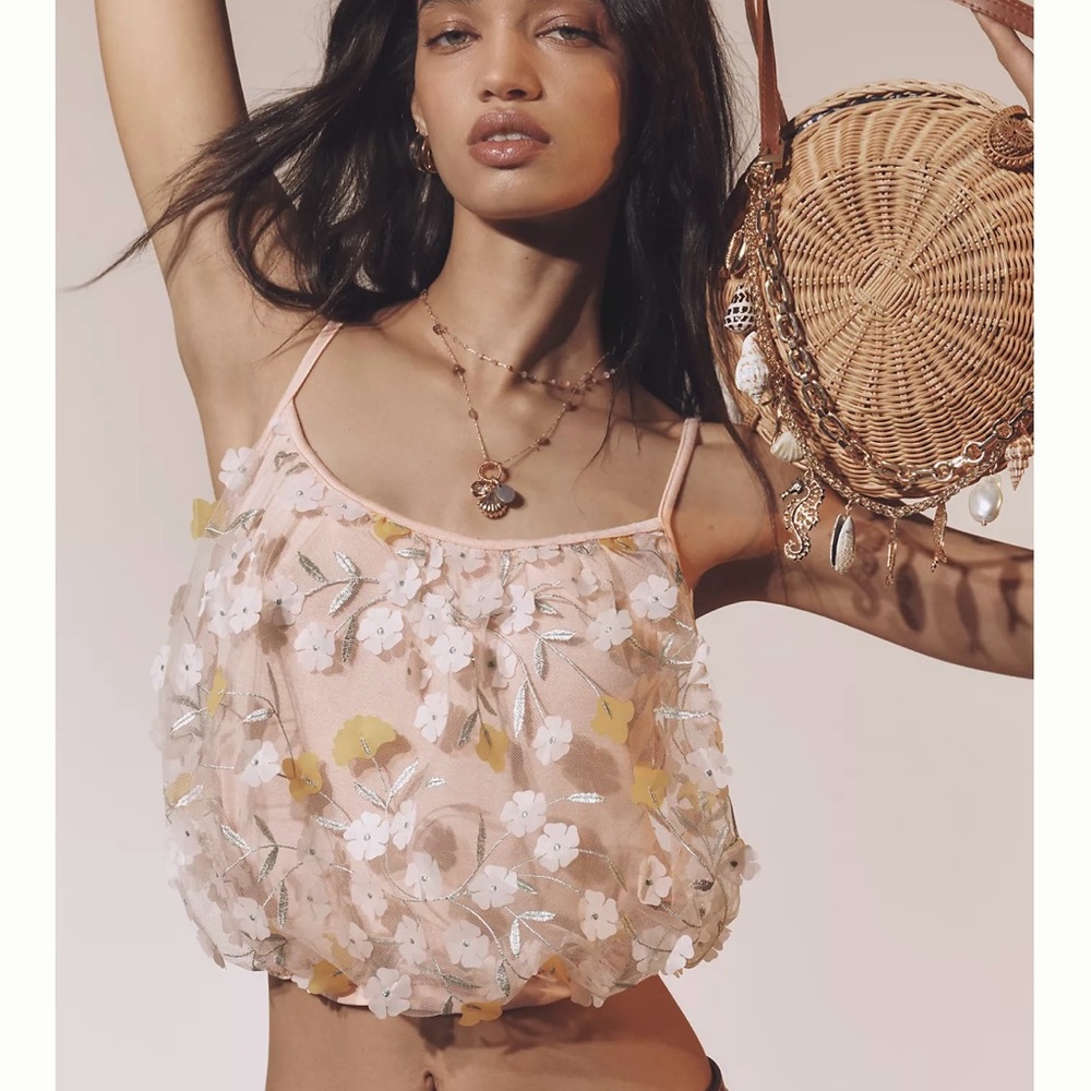 Anthropologie Floral Embellished Crop Top - Pink (peachish) and White crop top.